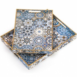 Hiceeden Set of 2 Decorative Serving Trays with Handles, Boho Tea Trays Ottoman Trays for Serving, Modern Plastic Coffee Table Tray for Living Room, Kitchen, Bathroom, Rectangle, Blue