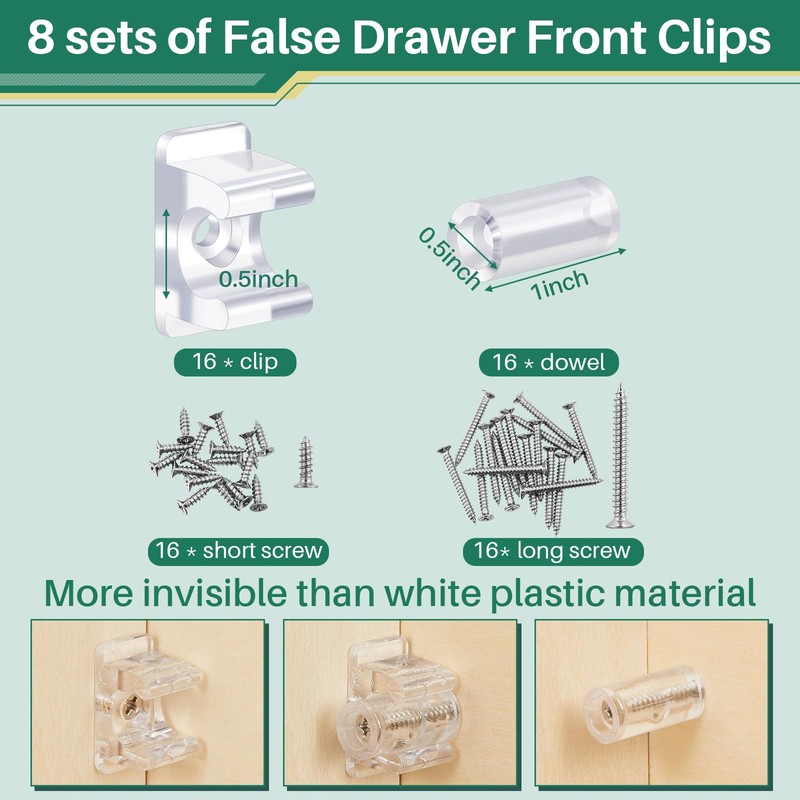 Juexica 24 Pairs False Cabinet Front Clip False Front Clips