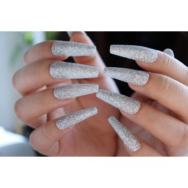 MISUD Glitter False Nails Extra Long Coffin Fake Nails Shiny Silver Full Cover Press on Nails for Women and Girls