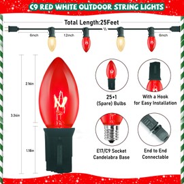Konictom 25FT C9 Christmas Outdoor Lights,Red and Frosted White Christmas Lights with 26 Bulbs(1 Spare),Commercial Vintage Red White Christmas Lights for Tree Yard Garden Porch Party