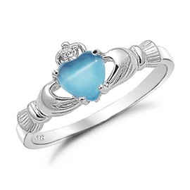 Kriskate & Co. Irish Claddagh Ring .925 Sterling Silver with Synthetic Aquamarine Cat's Eye Heart Promise Ring Size 6