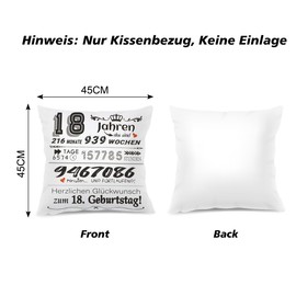 Komoke Birthday Gift 18 for Girls & Boys - Cushion Cover Congratulations on 18th Birthday! - Gifts for 18 Year Old Girls & Boys - Ideas for 18th Birthday - 45 x 45 cm