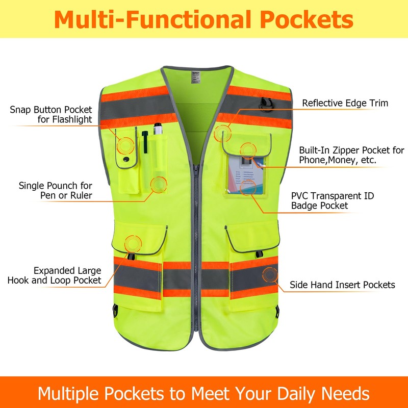 TCCFCCT Hi Vis Vest 9 Pockets High Visibility Reflective Safety