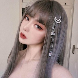 Andelaisi Boho Moon Hair Clip Crystal Tassel Hair Barrette Hollow Crescent Hair Clip Rhinestone Beads Dangle Hairpin Clip for Women and Girls Hair Accessory Headdress (Silver)