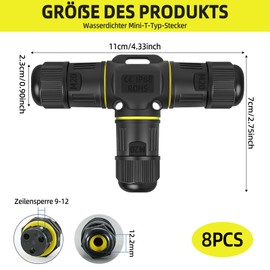 Pack of 8 Cable Connectors Waterproof IP68, 3-Pin T-Shape Junction Box for Diameter 3-12 mm Cable, ABS