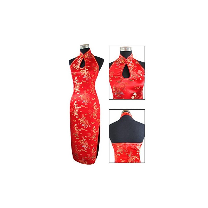 7Fairy Women's Wedding Red Dragon Halter Backless Long Chinese Dress