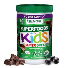 Feel Great USDA Organic Super Greens Powder for Kids - Cocao Chocolate | Fruit & Veggie Supplement | Superfood Powder with Probiotics & Digestive Enzymes for Digestive Health | 60 Days Supply