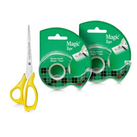 Magic Tape 2 Packs Clear Tape, Magic Tape with Dispensers, Invisible Tape ¾ x 300 Inches, and a 8 Inch All Purpose Scissors