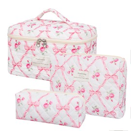 Hualinsyi Quilted Makeup Bag Set ， 3 PCS Cute Cotton Cosmetic Bag Set, Flower Bow Travel Toiletry Organizer Bags ，Large Coquette Aesthetic Make Up Cosmetic Bag For Women (red-flower)