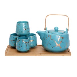 Hinomaru Collection Modern Style Marble Design Porcelain Tea Set 42 fl oz Teapot with Handle and 4 Tea Cups On Wooden Tray Contemporary Tabletop Decor (Turqoise)