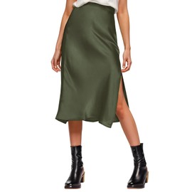 Amy Babe Womens Satin Silk High Waist Slit Midi Skirt Elastic Waistband Midi Skirts for Women Olive