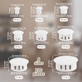 200PCS 8 Size White Plastic Hole Plugs, Screw Hole Covers for Round Holes - 3/16", 1/4", 5/16", 3/8", 1/2", 5/8", 3/4", 1" White Plug Covers Pipe Insert End Caps Drill Screw Hole Plugs