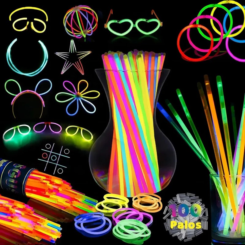 Pack de 100 Pulseras Neón Fosforescentes de 20 cm para