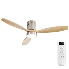 Sofucor 52 inch Wood Low Profile Ceiling Fans with Lights and Remote, Modern Flush Mount Quiet Ceiling Fan for Bedroom, Reversible DC Motor for Living Room/Farmhouse/Patio/Indoor/Outdoor(Sliver+Wood)