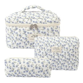 Rockreyoa Travel Cosmetic Bag Coquette Cosmetic Bag Made of Cotton Large Makeup Bag Organiser with Brush Compartment Kawaii Toiletry Bag Flowers Quilted Toiletry Bag Blue Peacock Flower 26 x 7 x 18 cm