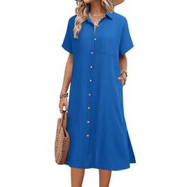 HOTOUCH Midi Dresses for Women Cotton Linen Short Sleeve Going Out Dress 2025 Summer Casual Loose Fashion Dress Royal Blue