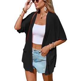 Famulily Black Summer Beach Cover ups for Ladies Short Sleeve Women's Loose Comfy Kimono Cardigans (S, Black)