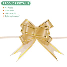 M METERXITY 100-Pack Ribbon Pull Bows, 3.74 Inch / 9.5cm Plastic Gold Edge Ribbon Bows for Gift Wrapping/Wedding/Flowers/Baskets Decorations, Satin Pull Bows [Gold Tone Gift Bow]