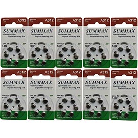 Summax New Hearing Aid Batteries Size A312 312A Za312 312 Pr41, 60 Count (10 Cards) 1.4V Batteries