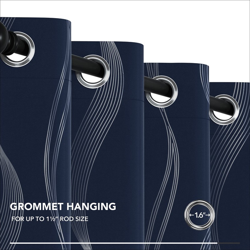 Deconovo Blackout Grommet Silver Curved Wave Pattern Printed Curtains, Navy