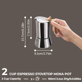 304 Thickened Stainless Steel Moka Pot 2 Cup 100ml Coffee Maker Stovetop Espresso Coffeemaker Italian Classic Style Brewing Greca Cafe Mocha Machine for Cafeteras Camping Travel and Home Use 3.3oz