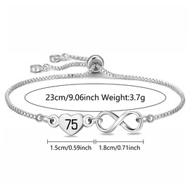 HEYEJET Birthday Gifts for 75 Years Old Women Silver Infinity Heart Bracelet for Women 75 Lucky Number Birthday Presents for Her Adjustable Teenis Chain Bracelet Jewellery for Christmas (75th gifts)