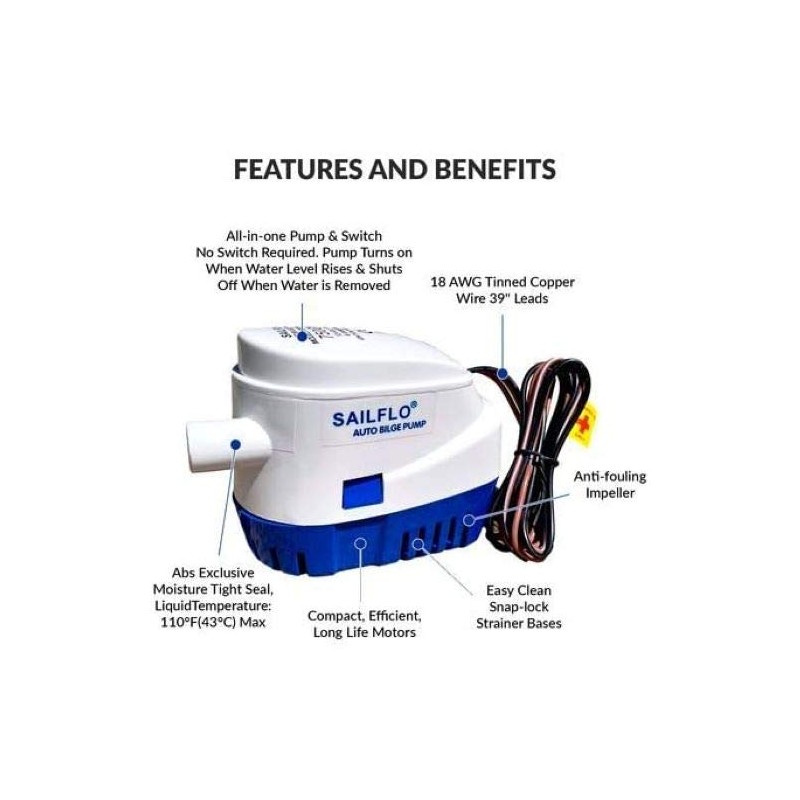 SAILFLO Automatic Bilge Pump for Boats 750 GPH (3/4" Hose