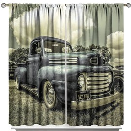 Vintage Car Curtains,Retro Rustic Truck Antique Navy Blue Old Truck Black Out Curtain for Kids Boys Girls Bedroom Living Room Curtains, 2 Panels,42x63in