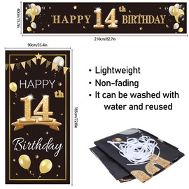 PAKBOOM Happy 14th Birthday Door Cover Porch Banner Sign Set - 14 Years Old Birthday Decorations Party Supplies for Boys - Black Gold