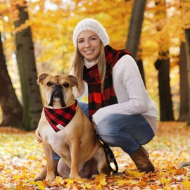 E-Clover Matching Dog and Owner Set-Dog Bandana Collar & Matching Scarf Girl Boy Adjustable Dog Collars for Small Medium Dogs Owner Dad Gift Red Black Buffalo Plaid