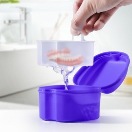 JMU Denture Bath Case, Denture Cup for Soaking Dentures with Strainer Basket Tray for Dentures, Mouth Guard Storage Case, Purple