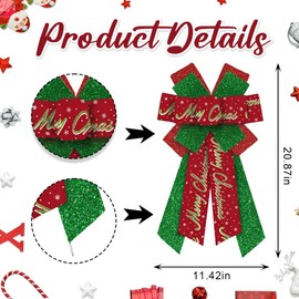 Large Christmas Wreath Bows Merry Christmas Words Decor Bows Glitter Green Red Ribbon Bows for Wreath, New Year Tree Topper Bows for Xmas Party Decoration Home Indoor Outdoor Wreath Ornament Supplies