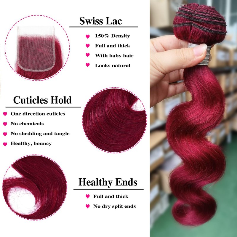 Realloves 99j Dark Burgundy Body Wave Human Hair 3 Bundles