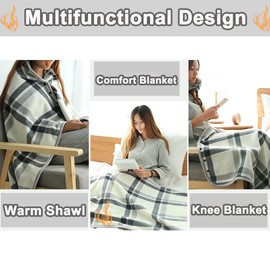 GEMGO Fleece Wearable Blanket Poncho for Women Plaid Lap Blankets Comfy Throw Shawl with Buttons for Bed Sofa Office (White, 55 x 39)