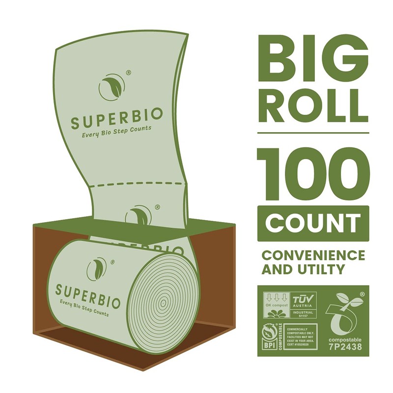 SUPERBIO 2.6 Gallon Compostable Flat Top Garbage Bags, 100 Count,