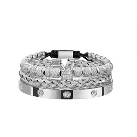 WFYOU 3PCS Stainless Steel Bracelets for Men Gold Roman Numeral Bangle Bracelet Twisted Cable Crown Bracelet Adjustable Cuff Bracelet Mens Luxury Jewelry Gifts