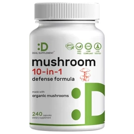 Organic Mushroom Supplement, 8,000mg Per Serving, 240 Veggie Capsules  10 in 1 Defense Formula  Turkey Tail, Lions Mane, Cordyceps, Chaga,  More...   