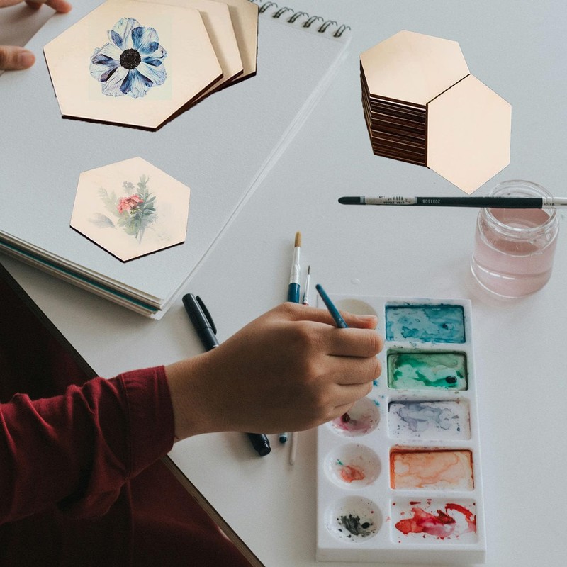 Hexagonal Natural Wood Discs, 50 Pieces, 5 cm Wooden Panel,