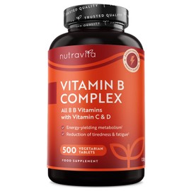 Nutravita Vitamin B Complex High Strength with Vitamin D + Vitamin C 500 Tablets for +1 Year of Supply, Energy-Yielding Metabolism - Reduction of Tiredness & Fatigue (EFSA) Made in The UK by Nutravita