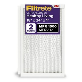Filtrete 18x24x1 AC Furnace Air Filter, MERV 12, MPR 1500, CERTIFIED asthma & allergy friendly, 3 Month Pleated 1-Inch Electrostatic Air Cleaning Filter, 2-Pack (Actual Size 17.81x23.81x0.78 in)