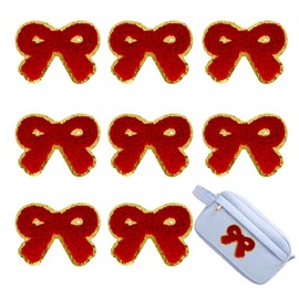 FEIDICK 8 PCS 2.3 inch Bow Chenille Patches, Self Adhesive Patches for Clothing, Stick on Embroidered Patches for Bags,Iron on Patches for Hats, Patches for Backpacks, Patches for Jeans. (red)
