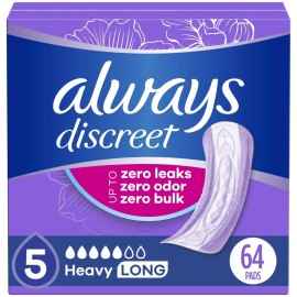 Always Discreet Incontinence Pads, Heavy Absorbency, Long Length, 64 CT
