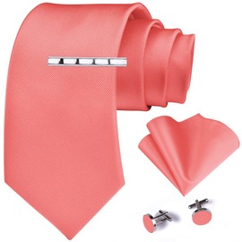 GUSLESON Mens Wedding Coral Pink Tie Classic Silk Ties for Men Solid Necktie and Pocket Square Cufflinks Sets (6101-08)