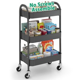 Sekey 3 Tier Rolling Cart Metal, NO Screws Assemble Utility Cart on Wheels, Heavy Duty Storage Cart with Lockable Wheels for Baby Nursery, Bathroom, Kitchen, Laundry Room, Gray