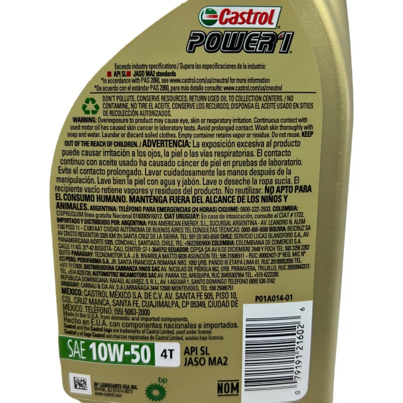 Aceite Castrol Power 1 Moto 4t 10w50 .946ml