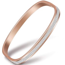 Jude Jewelers Stainless Steel Square Shape Cubic Zircon Open Cuff Bangle Bracelet (Rose Gold)