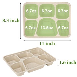50 Pack 6 Compartment Disposable Paper Plates, Compostable Bagasse School Lunch Tray, Biodegradable Sugarcane Food Sectional Plates, Heavy-Duty Divided Platter Tray for Buffet Party, Microwave Safe