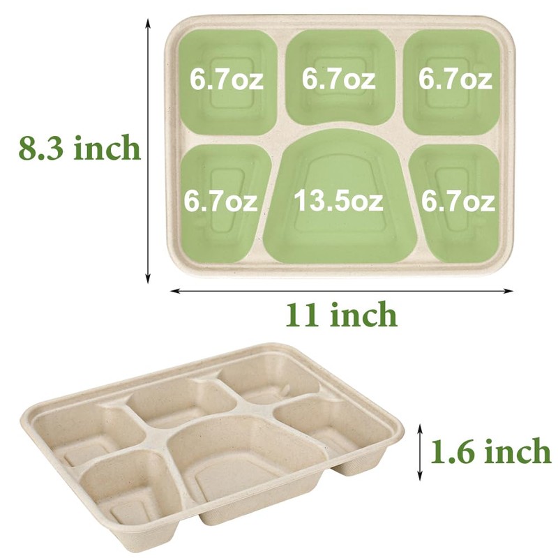 50 Pack 6 Compartment Disposable Paper Plates, Compostable Bagasse School
