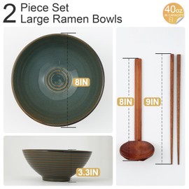 ArtifexCeram 8" Ceramic Ramen Bowl Set of 2, 40oz Japanese Bowls with Spoons & Chopsticks, Durable, Microwave & Dishwasher Safe, Perfect for Ramen, Pho, Salad, Soup, Udon, Noodles (Dark Teal)