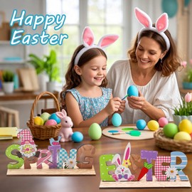 Ehuixinsheng 2Pcs Wooden Easter Table Decorations,Spring Easter Bunny Carrot Gnome Letter Happy Sign Stand Crafts Bunny Ornament Gifts for Kids Adults for Home Dinner Party Office Indoor Decoration